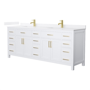 Beckett 84&quot White Double Vanity & White Quartz Top (1-Hole) & Gold Trim