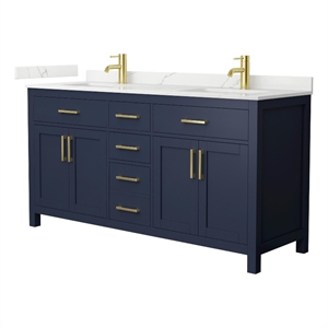 Beckett 66&quot Dark Blue Double Vanity & Giotto Quartz Top (1-Hole) & Gold Trim