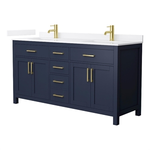 Beckett 66&quot Dark Blue Double Vanity & White Quartz Top (1-Hole) & Gold Trim