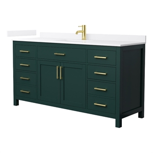 Beckett 66&quot Green Single Vanity & White Quartz Top (1-Hole) & Gold Trim
