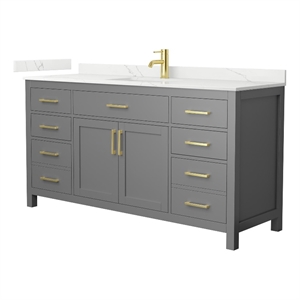 Beckett 66&quot Dark Gray Single Vanity & Giotto Quartz Top (1-Hole) & Gold Trim