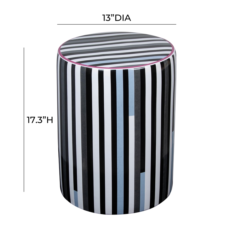 Taurus Ceramic Stool in Modern Black and White Stripes Print