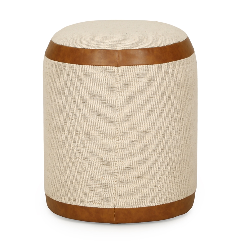 Huche Cotton Jute and Vegan Leather Oval Ottoman