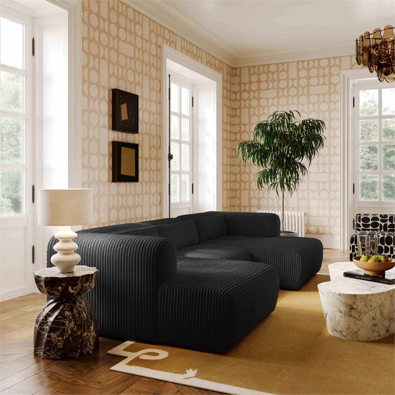 Tarra 4-Piece Fluffy Oversized Black Corduroy Modular U-Sectional