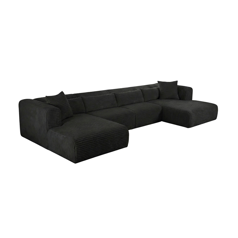 Tarra 4-Piece Fluffy Oversized Black Corduroy Modular U-Sectional