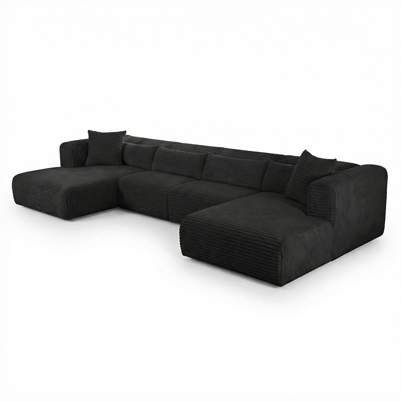Tarra 4-Piece Fluffy Oversized Black Corduroy Modular U-Sectional