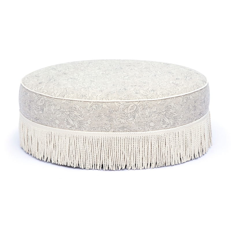 Tassy Neutral Floral Tasseled Round Ottoman