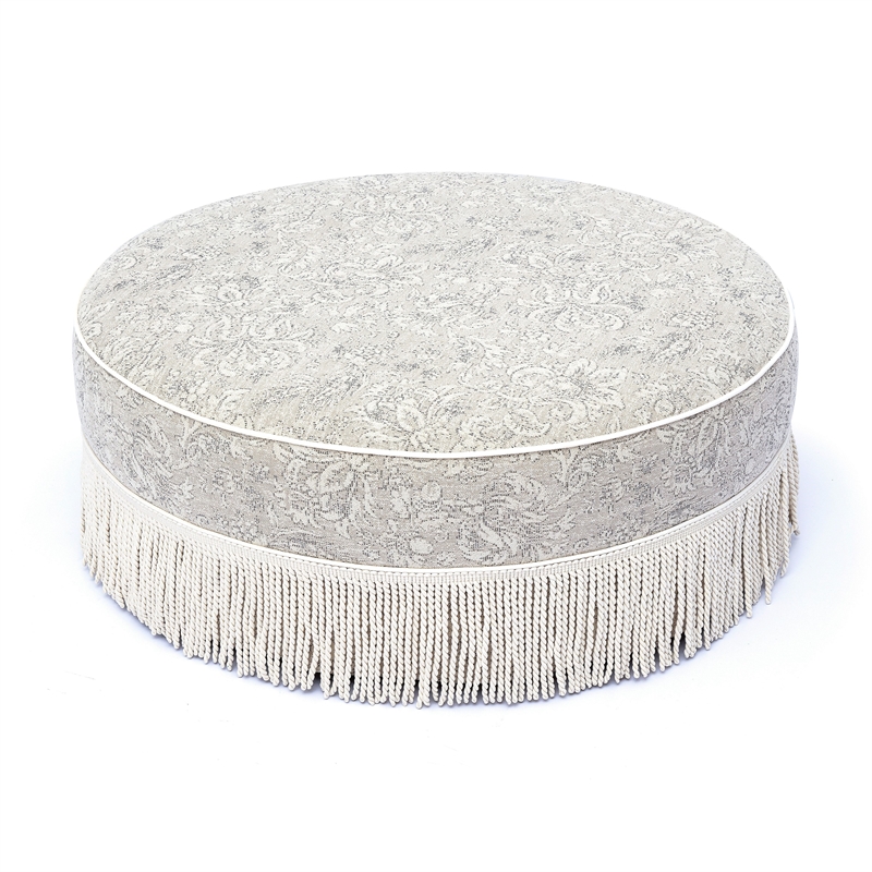 Tassy Neutral Floral Tasseled Round Ottoman