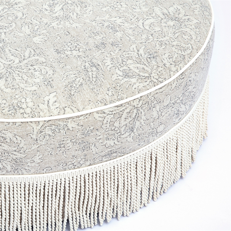 Tassy Neutral Floral Tasseled Round Ottoman