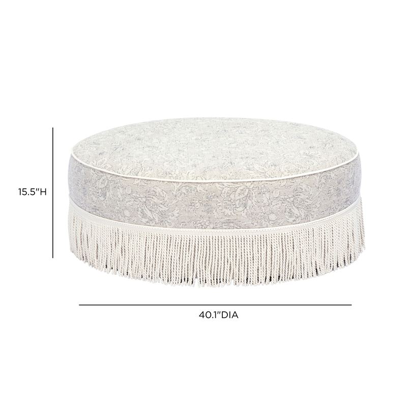 Tassy Neutral Floral Tasseled Round Ottoman