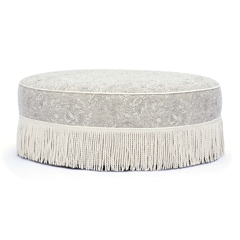 Tassy Neutral Floral Tasseled Round Ottoman
