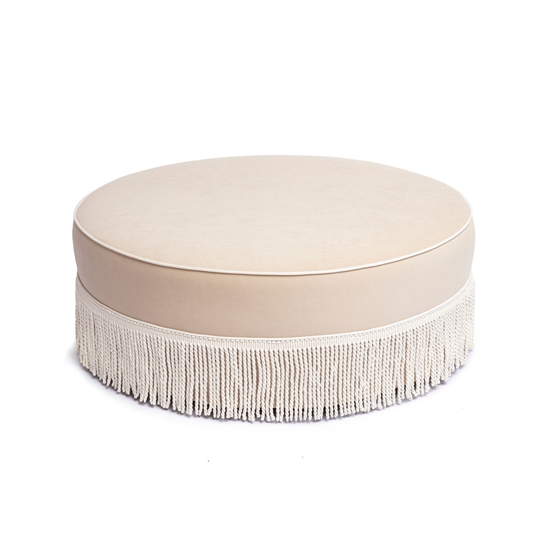 Tassy Tan Tasseled Round Ottoman