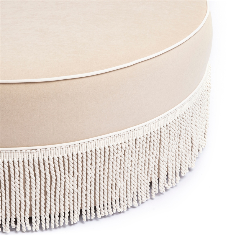 Tassy Tan Tasseled Round Ottoman
