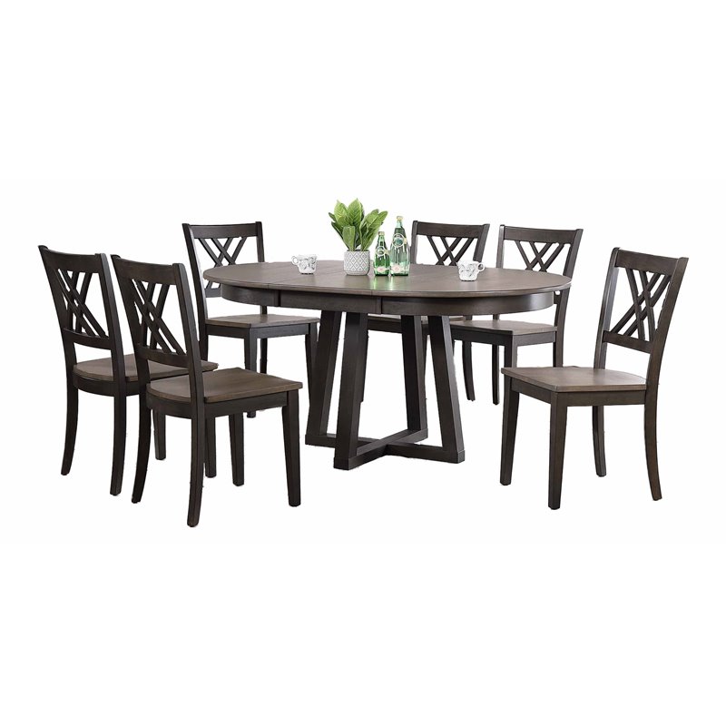 7-Pc Double X Pedestal Dining Set in Gray/Black Stone