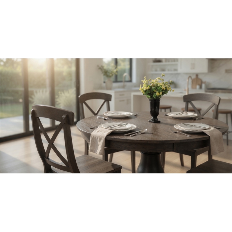 7-piece Round- Oval Solid Wood Extendable Bella Dining Set in Antique Grey