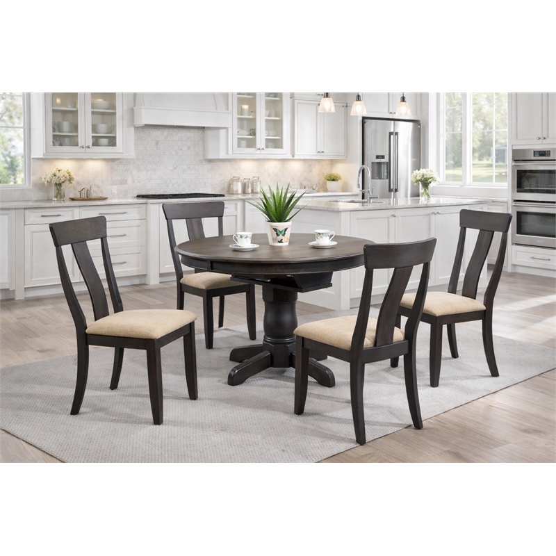 5-Piece Round Wood Dining Set in Gray/Black Stone