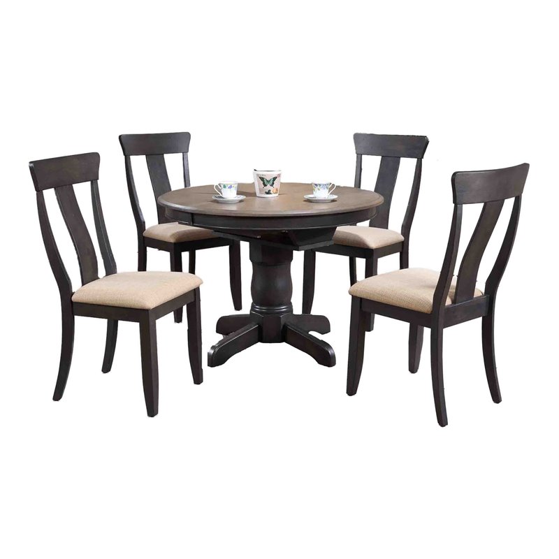 5-Piece Round Wood Dining Set in Gray/Black Stone
