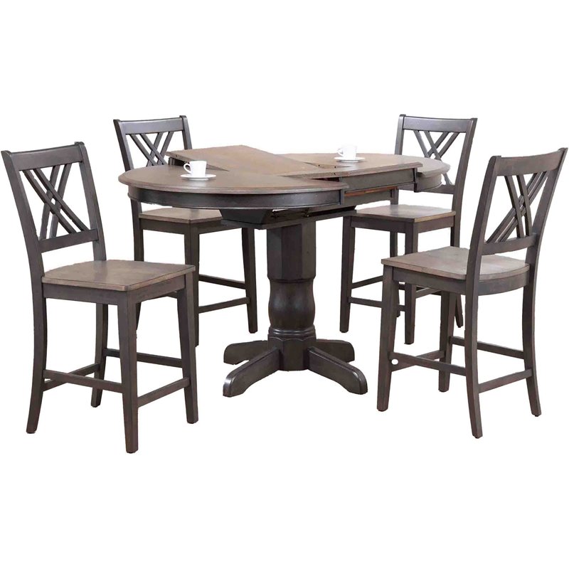 5-Piece Double X Wood Dining Set in Gray/Black Stone
