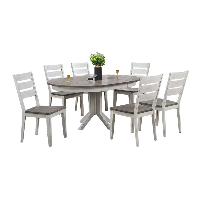 7-Piece Round Solid Wood Extendable Dining Set With Ladder Back Chairs in White & Grey