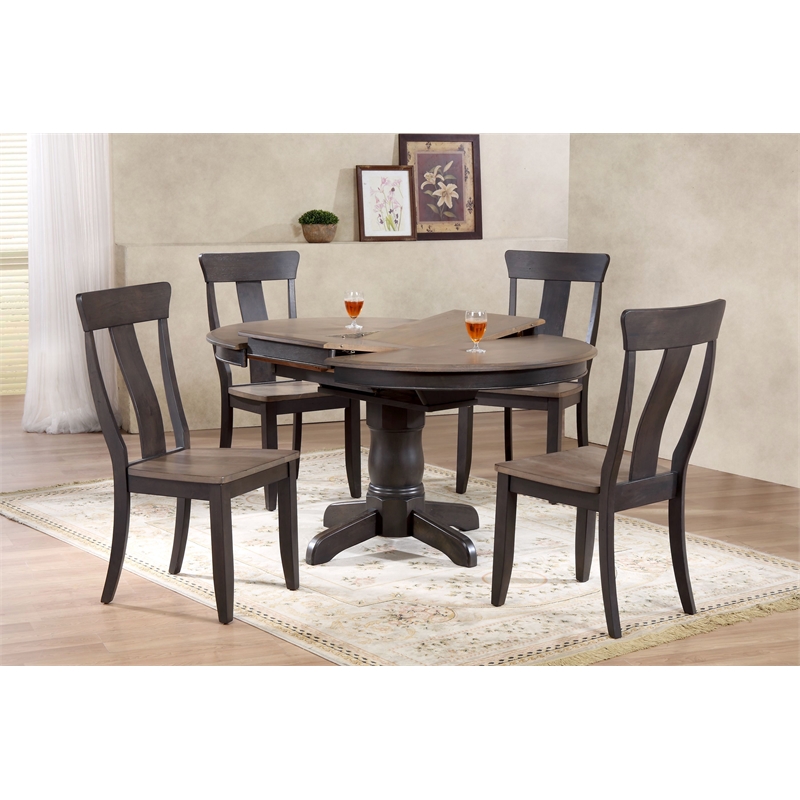 5-Pc Round Panel Wood Dining Set in Gray/Black Stone