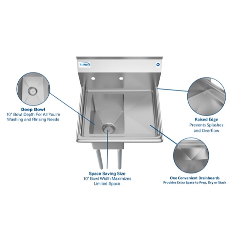 Koolmore 10x14x10 Right NSF Stainless Steel Kitchen Prep/Utility Sink in Silver