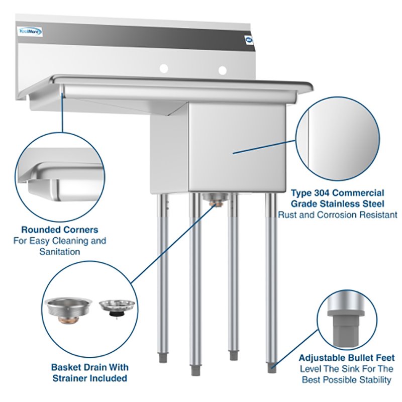 Koolmore 12x16x10 Left NSF Stainless Steel Kitchen Prep/Utility Sink in Silver