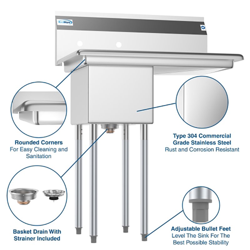 Koolmore 12x16x10 Right NSF Stainless Steel Kitchen Prep/Utility Sink in Silver