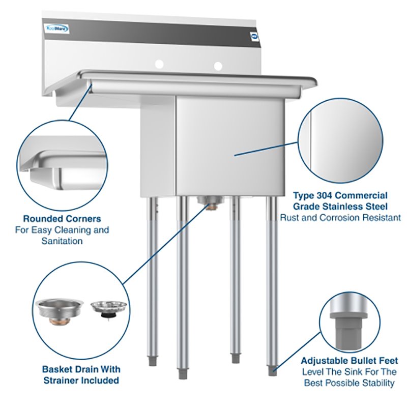 Koolmore 14x16x11 Left NSF Stainless Steel Kitchen Prep/Utility Sink in Silver