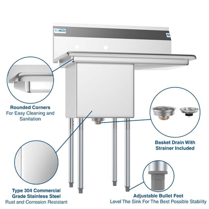 Koolmore 15x15x12 Right NSF Stainless Steel Kitchen Prep/Utility Sink in Silver