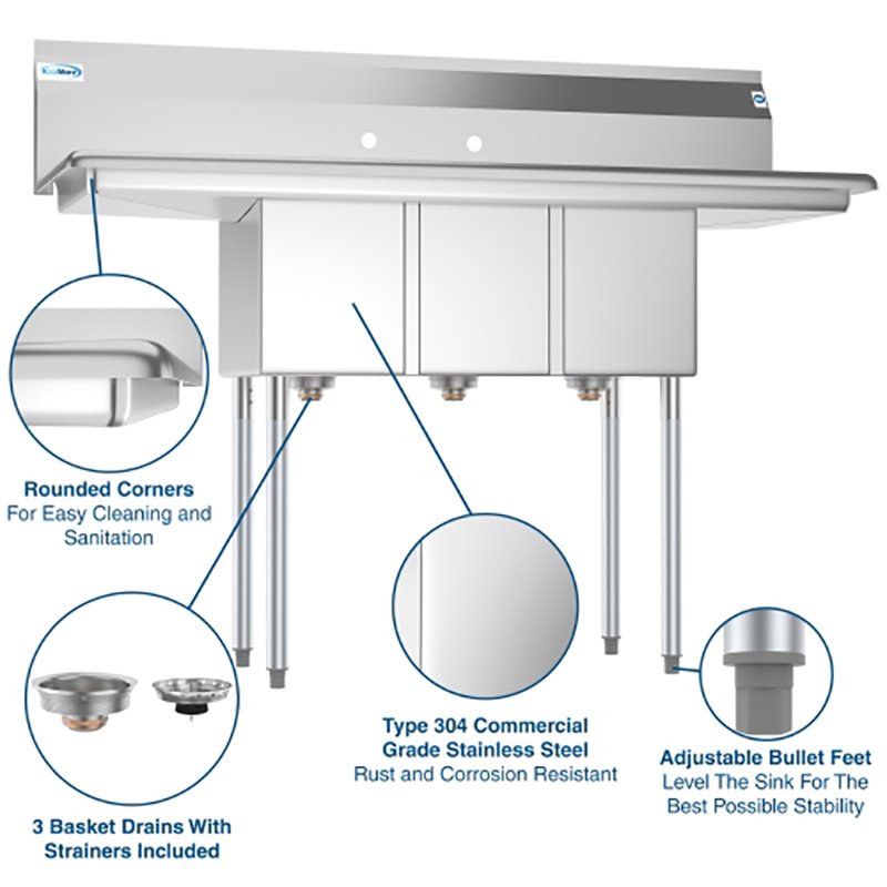 Koolmore 10x14x10 3-Compartment Stainless Steel Kitchen Sink in Silver