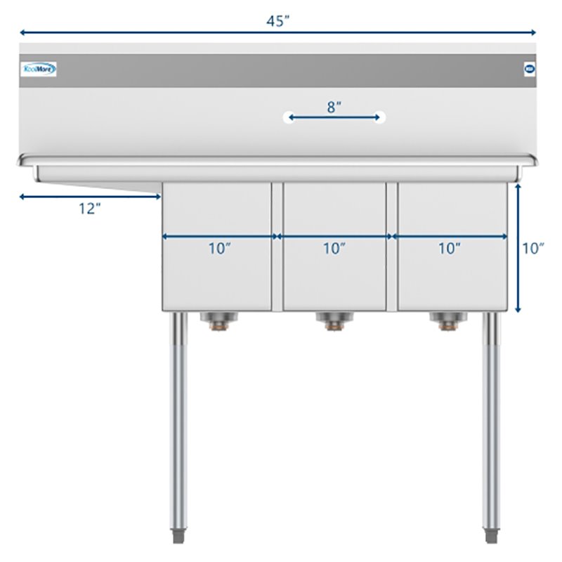 Koolmore 10x14x10 Left 3-Compartment Stainless Steel Kitchen Sink in Silver