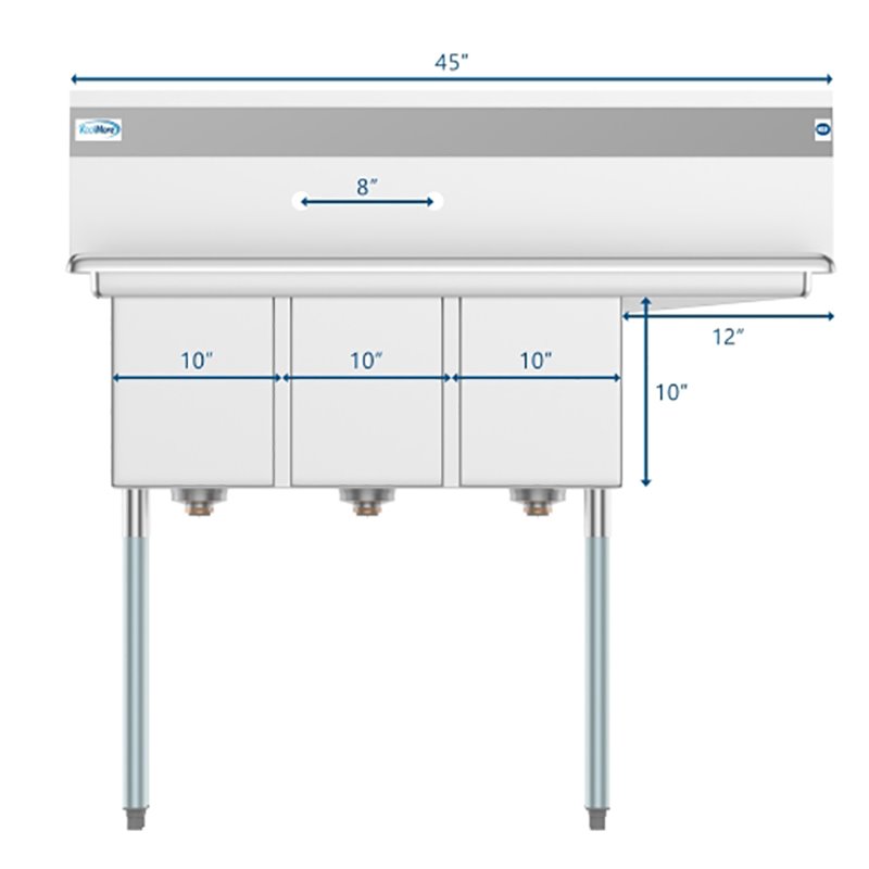 Koolmore 10x14x10 Right 3-Compartment Stainless Steel Kitchen Sink in Silver