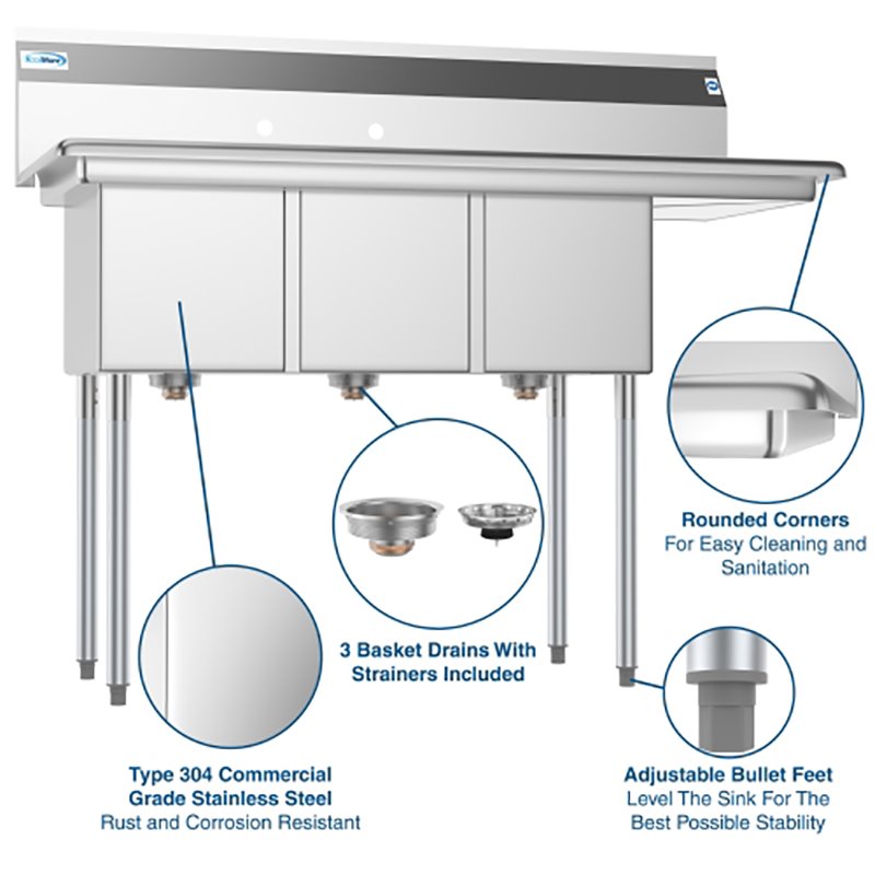 Koolmore 12x16x10 Right 3-Compartment Stainless Steel Kitchen Sink in Silver