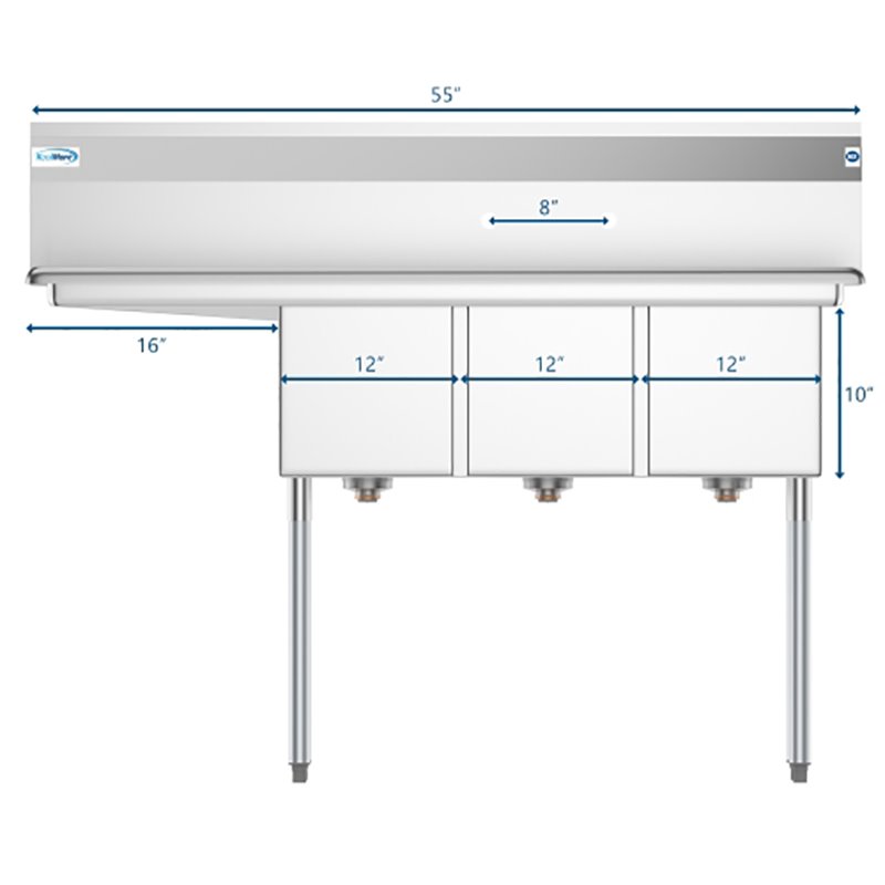 Koolmore 12x16x10 Large 3-Compartment Stainless Steel Kitchen Sink in Silver