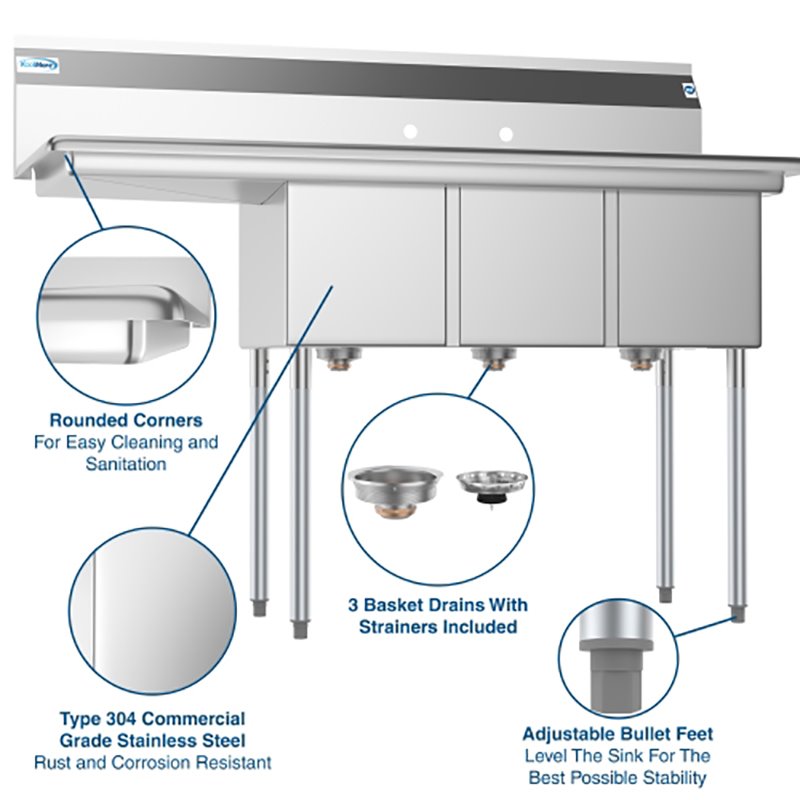Koolmore 12x16x10 Large 3-Compartment Stainless Steel Kitchen Sink in Silver