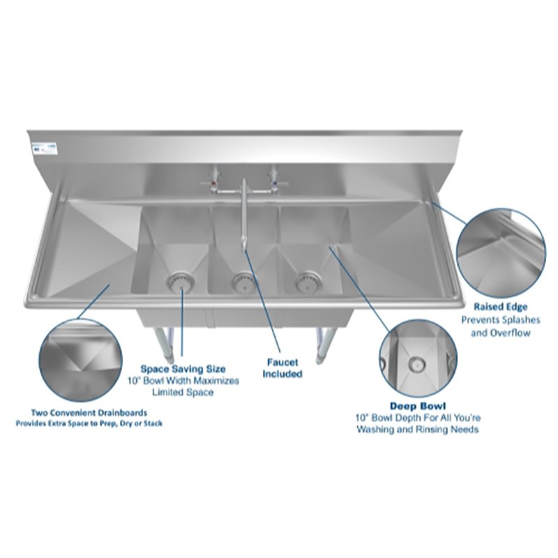 Koolmore 10x14x10 3-Compartment Stainless Steel Kitchen Sink & Faucet in Silver