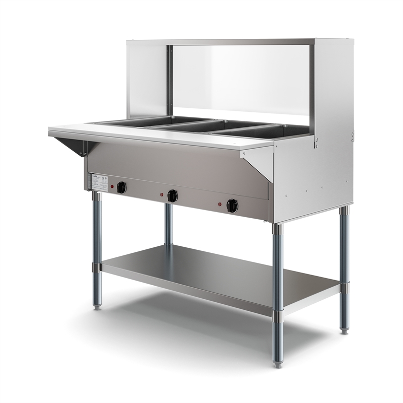 Three Pan Open Well Electric Steam Table with Undershelf and Sneeze-Guard