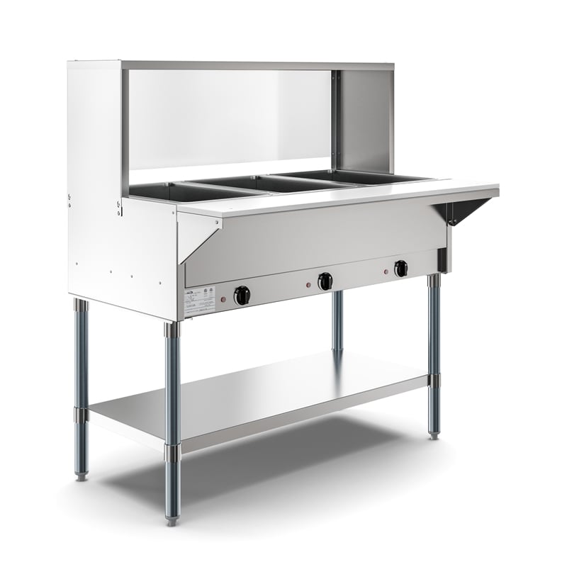 Three Pan Open Well Electric Steam Table with Undershelf and Sneeze-Guard