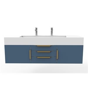 Nile 60&quot Blue Wood Floating Vanity with White Top and Gold Trim