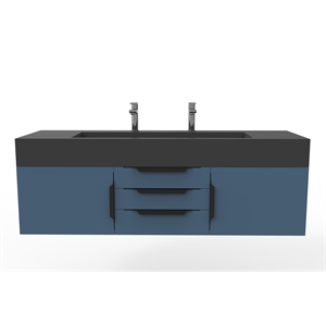 Nile 60&quot Blue Wood Floating Vanity with Black Top and Black Trim