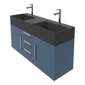 Amazon 60&quot Blue Wood Floating Vanity with Black Top and Chrome Trim