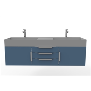 Amazon 60&quot Blue Wood Floating Vanity with Gray Top and Chrome Trim
