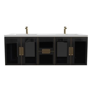 Solaria 60&quot Blue Wood Floating Vanity with White Top and Glass Facade