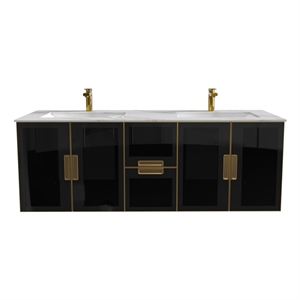 Solaria 60&quot Wall Mounted Blue Vanity Set in White Porcelain Top - Gold Handles