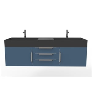 Amazon 60&quot Blue Wood Floating Vanity with Black Top in Brushed Trim