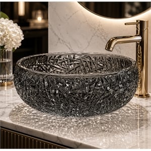 Moonshell 17&quot Tempered Glass Circular Bathroom Vessel Sink in Light Black