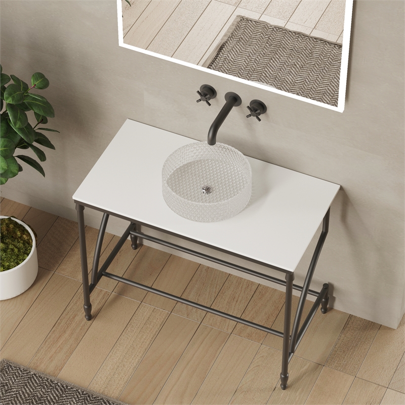 Luminous Stainless Steel Metal Vanity Set-Clear Glass Sink and Black Stand Base