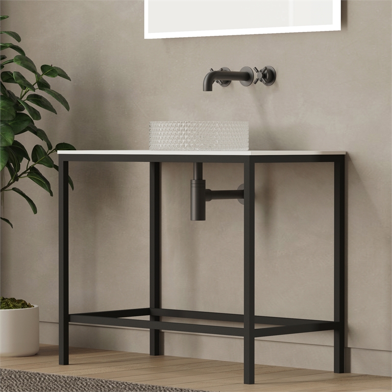 Luminous Black Stainless Steel Metal Vanity Set with Clear Glass White Sink