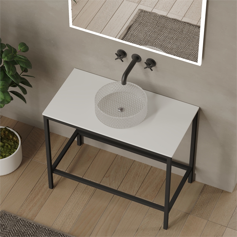 Luminous Black Stainless Steel Metal Vanity Set with Clear Glass White Sink