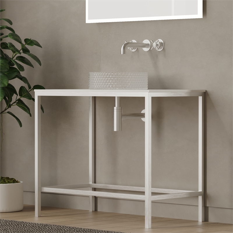 Luminous Brushed Stainless Steel Metal Vanity Set with Clear Glass White Sink